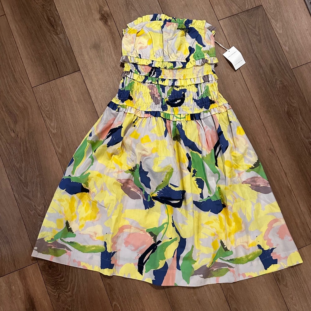 Free Assembly Women Yellow Floral Smocked Strapless Midi Dress Cotton Size S 4-6